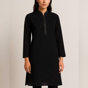 Black Embroidered Sequined Kurta Tunic Top Long Sleeve Collar Neck Size‎ L
